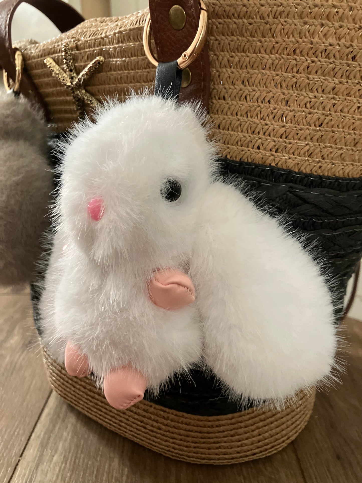 Fuzzy Bunny Bag Charm – Plush Rabbit Keychain Purse Accessory, Boho Tote Charm