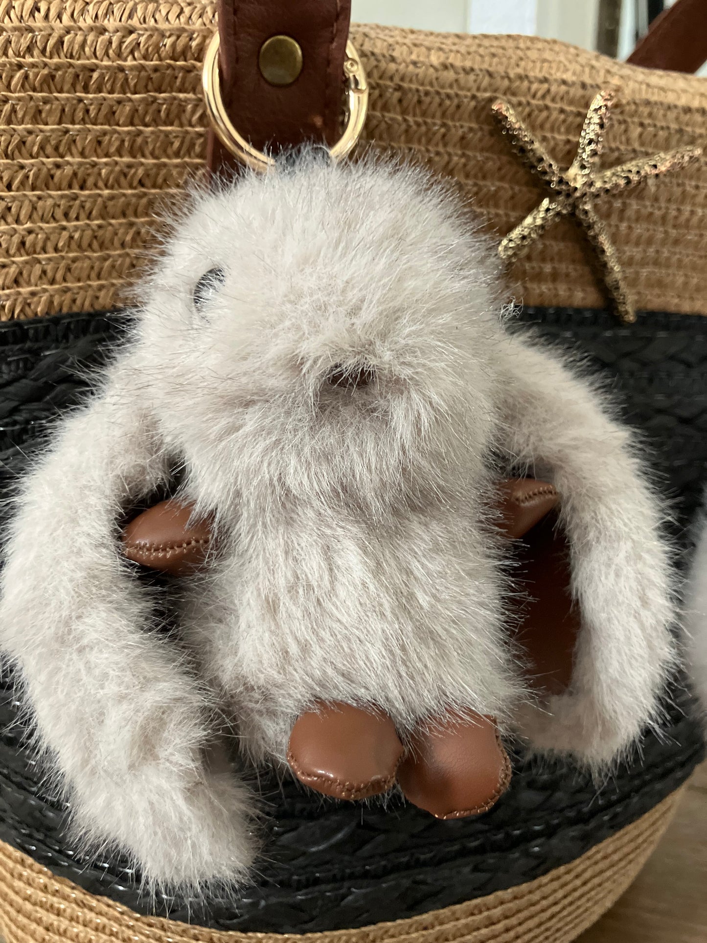 Fuzzy Bunny Bag Charm – Plush Rabbit Keychain Purse Accessory, Boho Tote Charm